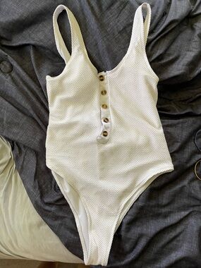 Women’s White Mesh Button-Accent Swim Top
